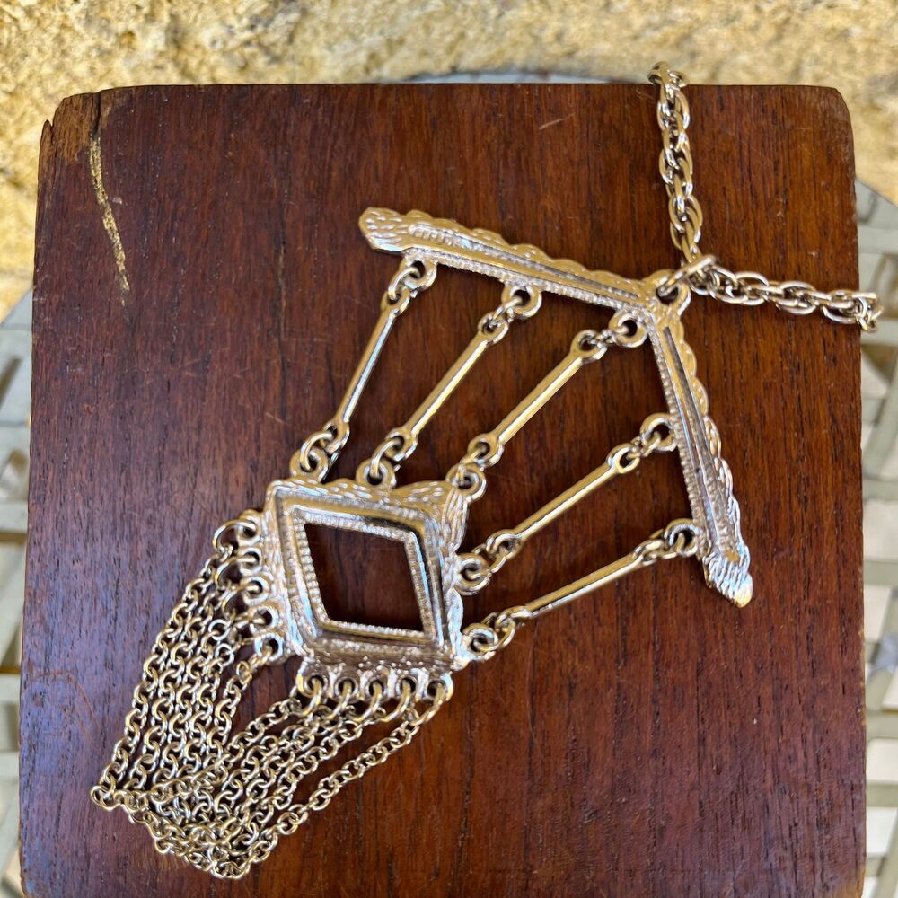 Vintage Statement Necklace Chandelier Tassel Pendant Costume Jewelry silver tone